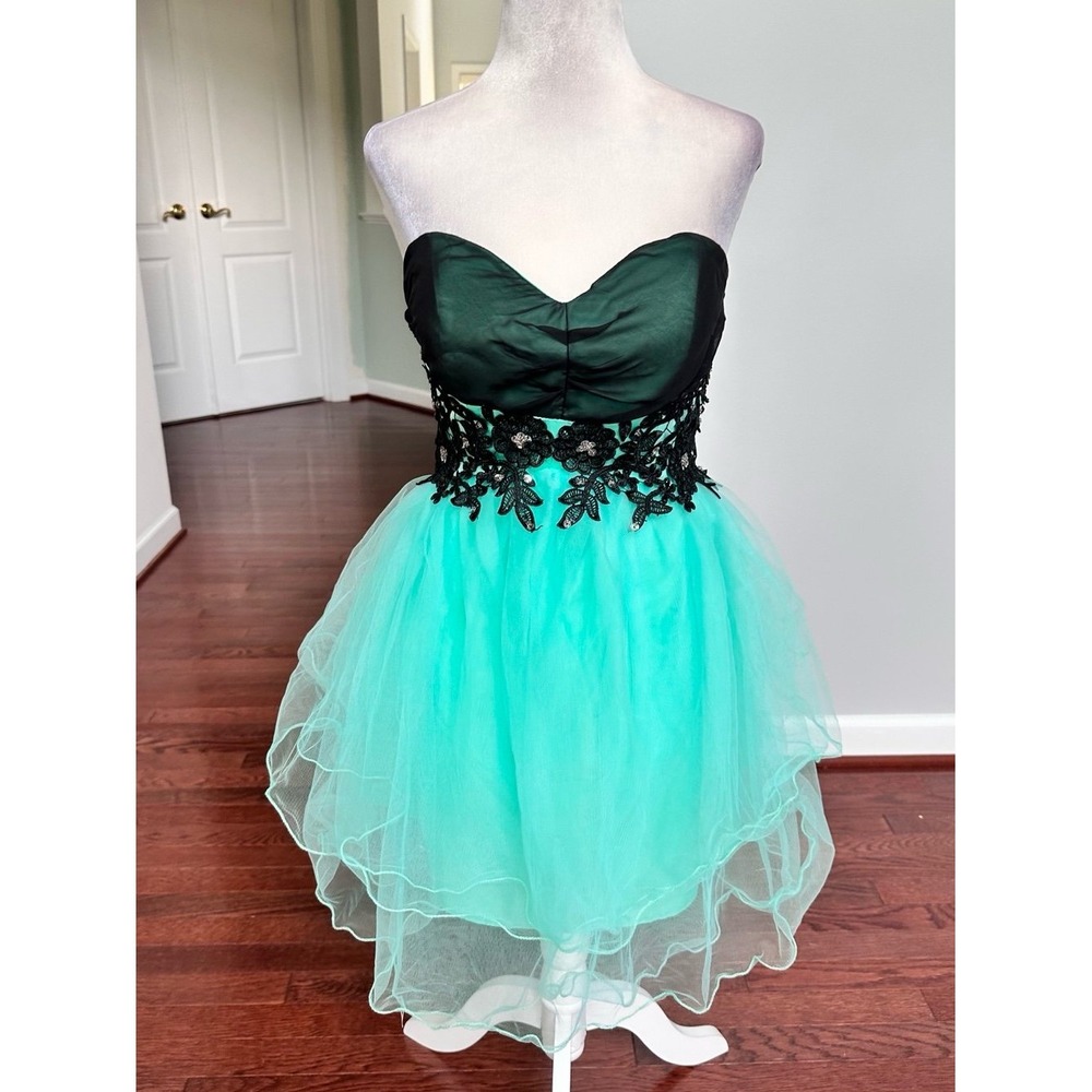 Custom Strapless Black Lace Mint Green Corset Back Cocktail Mini Dress Small - Picture 5 of 12